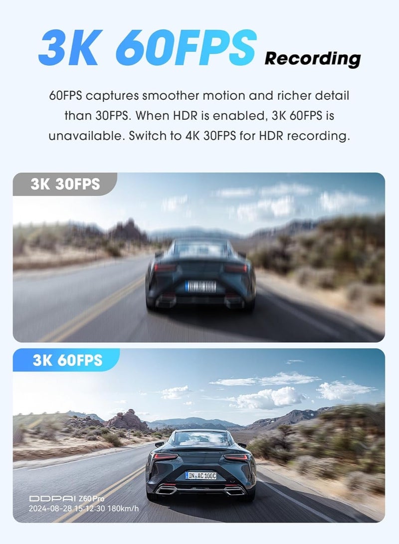 دي دي باي كاميرا DDPAI Z60 Pro بدقة 4K أمامية وخلفية، مزودة بعدستي STARVIS 2 IMX678 وIMX662، كاميرا سيارة بدقة 4K+1080P مع تقنية HDR وذاكرة eMMC مدمجة سعة 32 جيجابايت، تدعم التسجيل بدقة 3K/60 إطارًا في الثانية، واتصال 4G LTE، وواي فاي 5 جيجاهرتز وGPS، شاشة IPS مقاس 3 بوصة، رؤية ليلية، ووضع ركن لمدة 24 ساعة. - Image 4